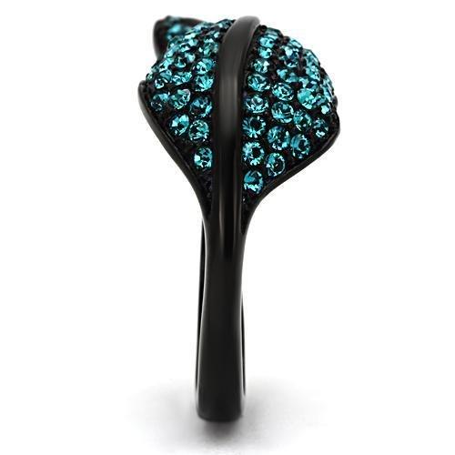 TK985 IP Black Stainless Steel Ring featuring a blue zircon crystal, showcasing a modern design with a sleek finish.