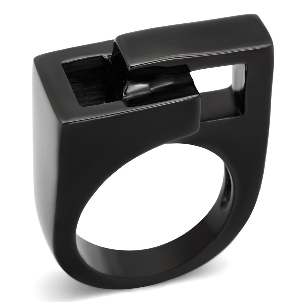 TK989 IP Black Stainless Steel Ring with a sleek design and no stone, showcasing its polished finish and modern appeal.