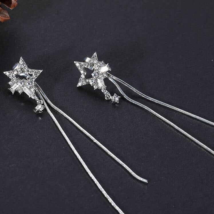 Transformable Dual Rhinestone Stars with Tassels Earrings showcasing dual star design with removable tassels, perfect for versatile styling.