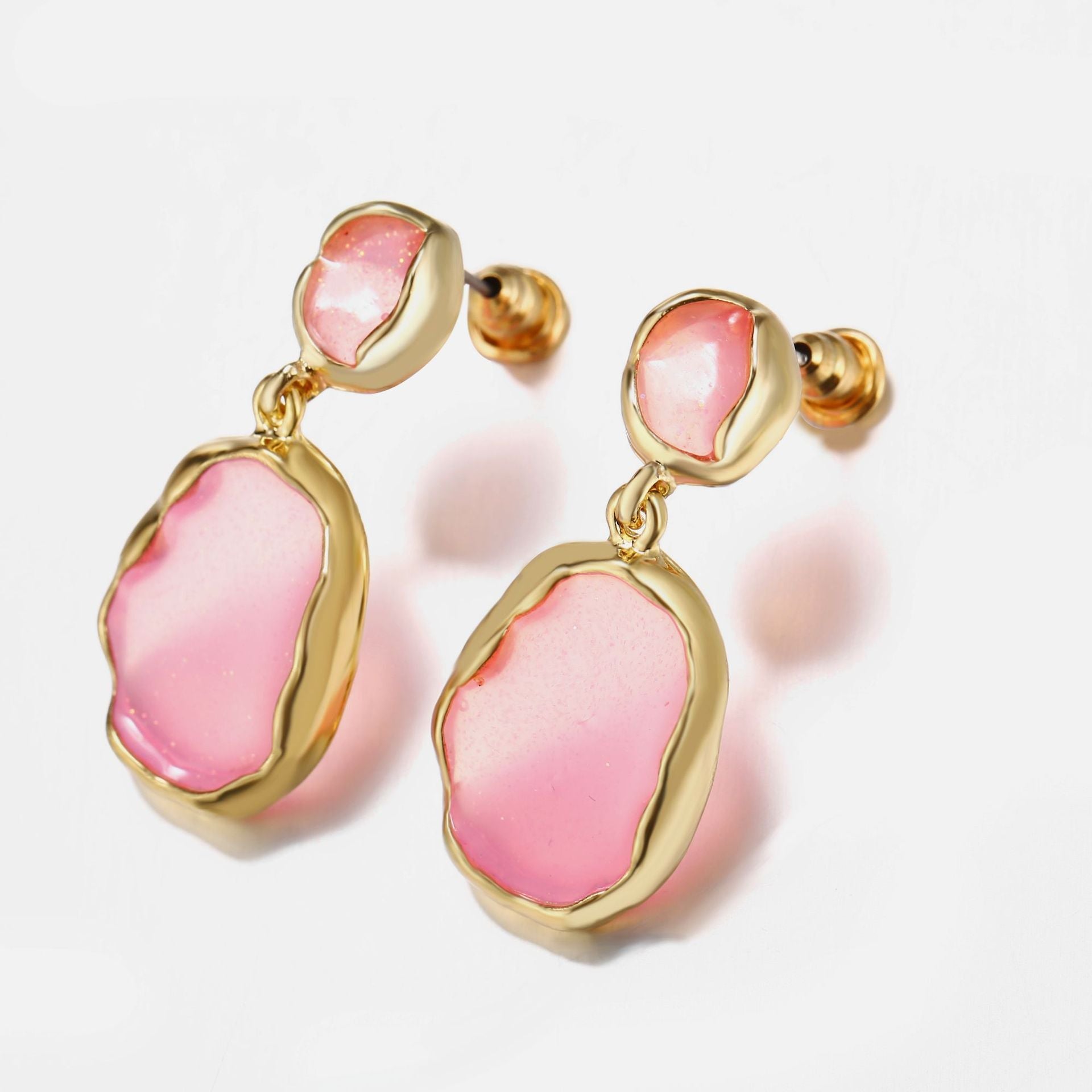 Elegant Transparent Glass Stone Drop Earring in Pink with 18K gold plating, showcasing a beautiful design perfect for any occasion.