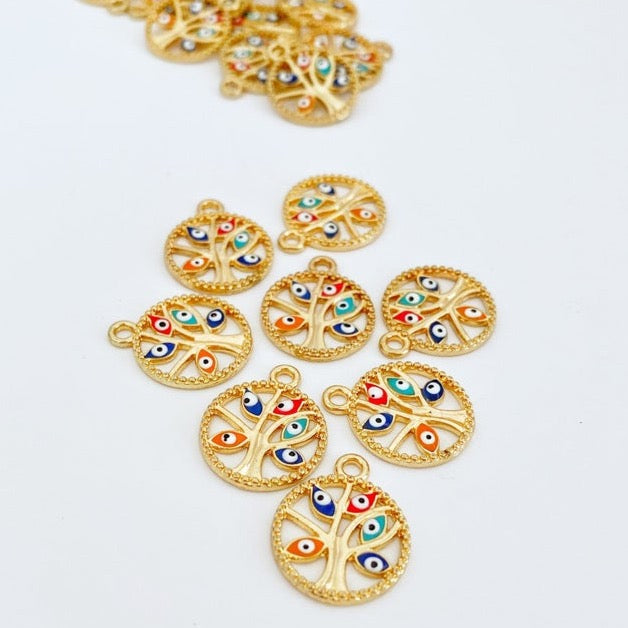 Gold Tree of Life Charm with Evil Eye design, perfect for jewelry making, featuring an enamel finish and measuring 18-20mm in diameter.