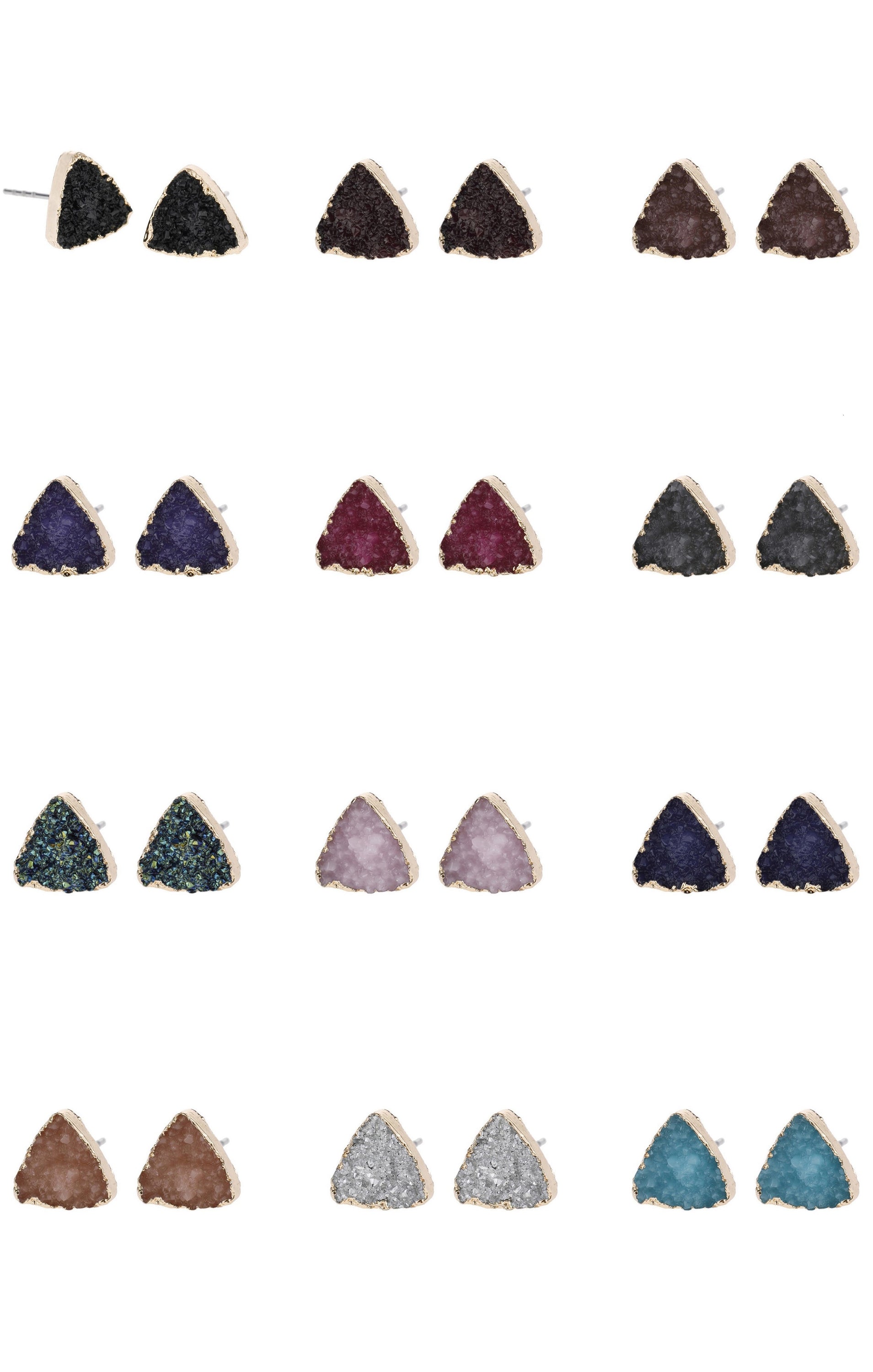 Triangle Druzy Stud Earrings by DOBBI in various colors, showcasing their unique triangular shape and sparkling druzy stones.