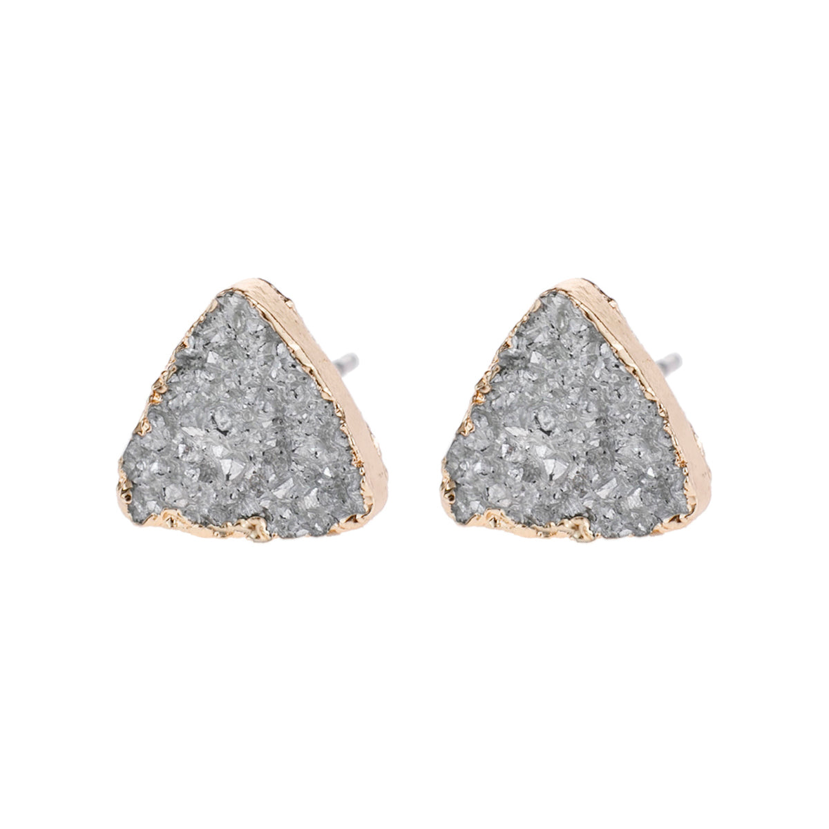 Triangle Druzy Stud Earrings by DOBBI in various colors, showcasing their unique triangular shape and sparkling druzy stones.