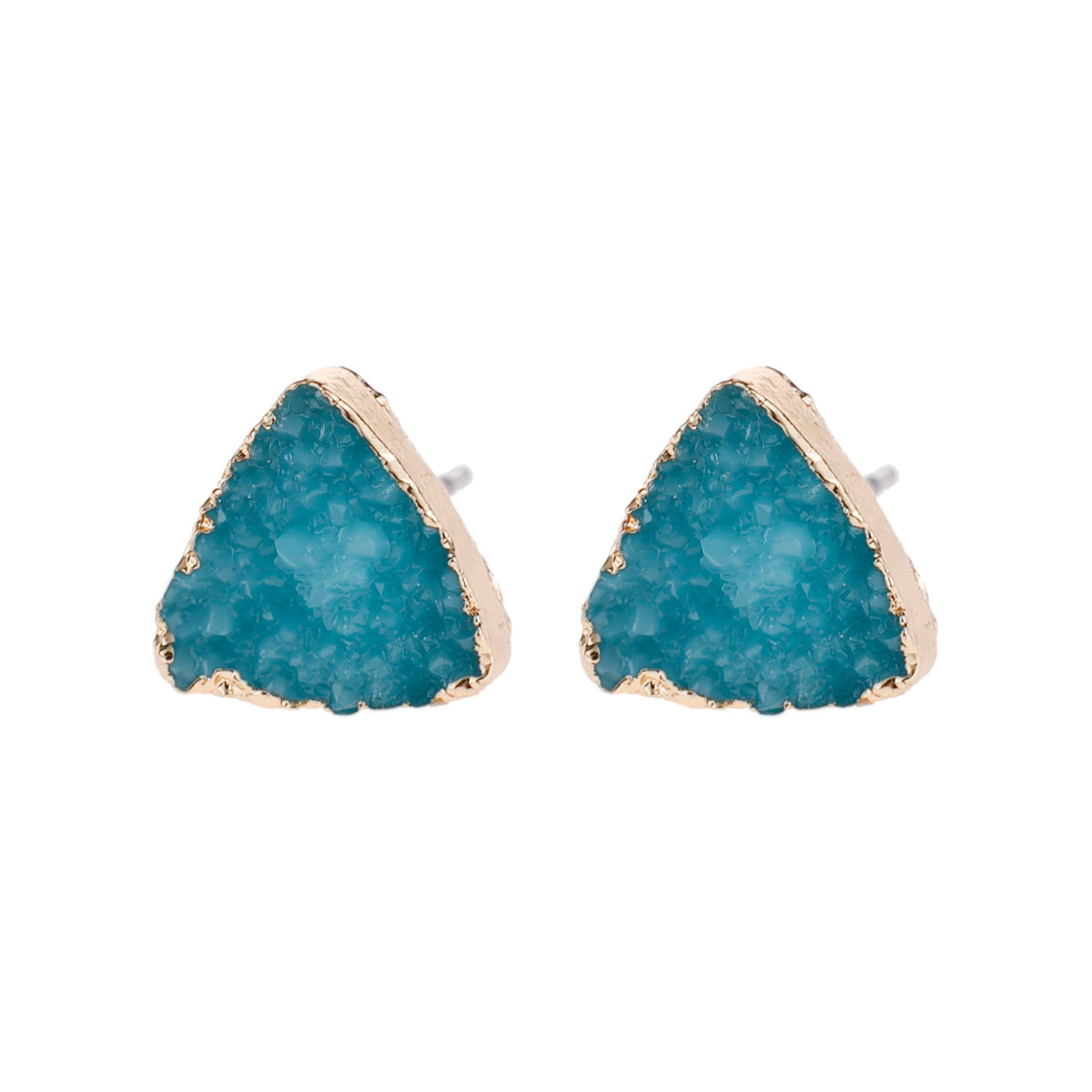 Triangle Druzy Stud Earrings by DOBBI in various colors, showcasing their unique triangular shape and sparkling druzy stones.
