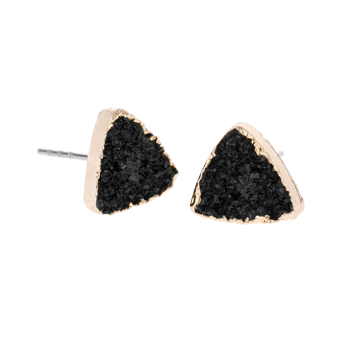 Triangle Druzy Stud Earrings by DOBBI in various colors, showcasing their unique triangular shape and sparkling druzy stones.