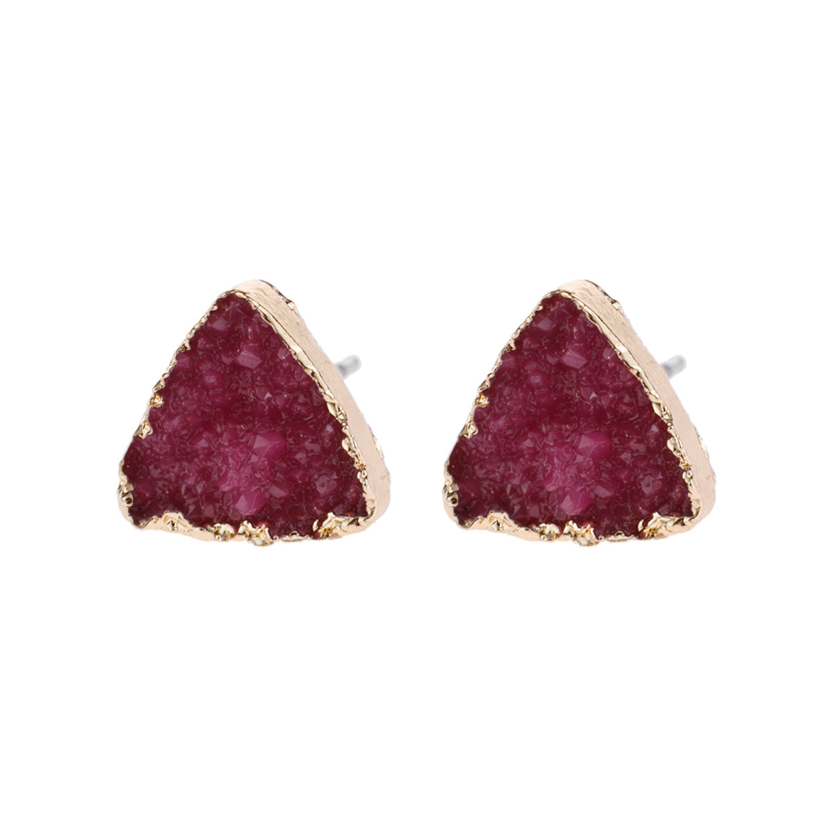 Triangle Druzy Stud Earrings by DOBBI in various colors, showcasing their unique triangular shape and sparkling druzy stones.