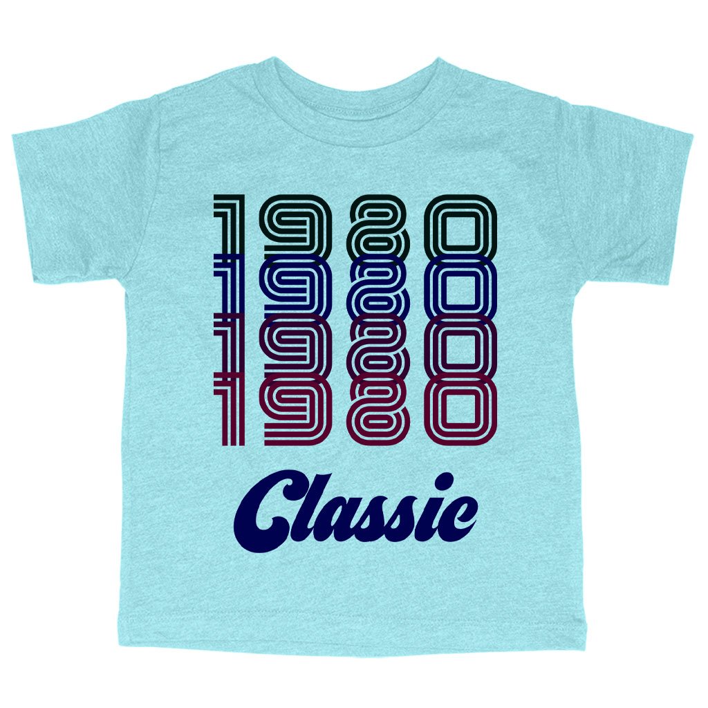 Triblend Toddler 1980 Classic T-Shirt featuring a vibrant 80s design, perfect for toddlers aged 2-5, made from eco-friendly materials.