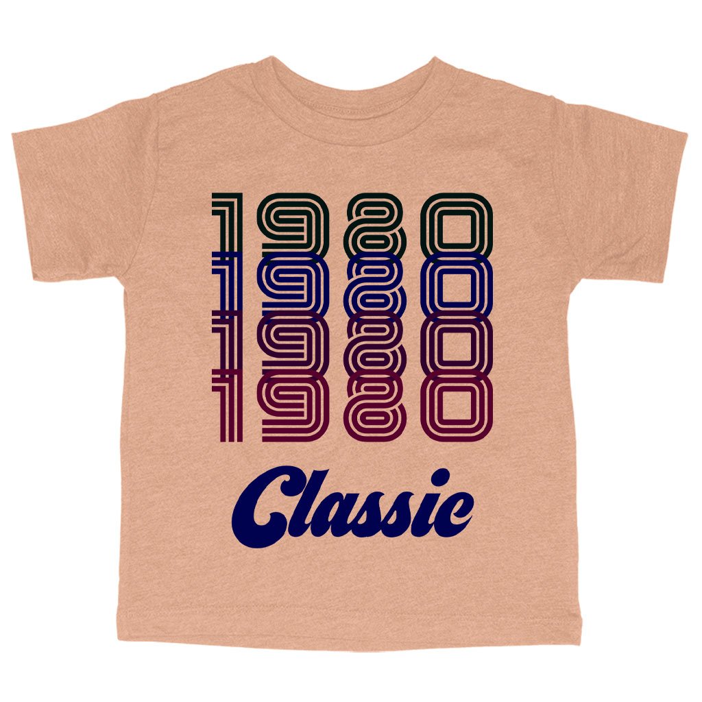 Triblend Toddler 1980 Classic T-Shirt featuring a vibrant 80s design, perfect for toddlers aged 2-5, made from eco-friendly materials.