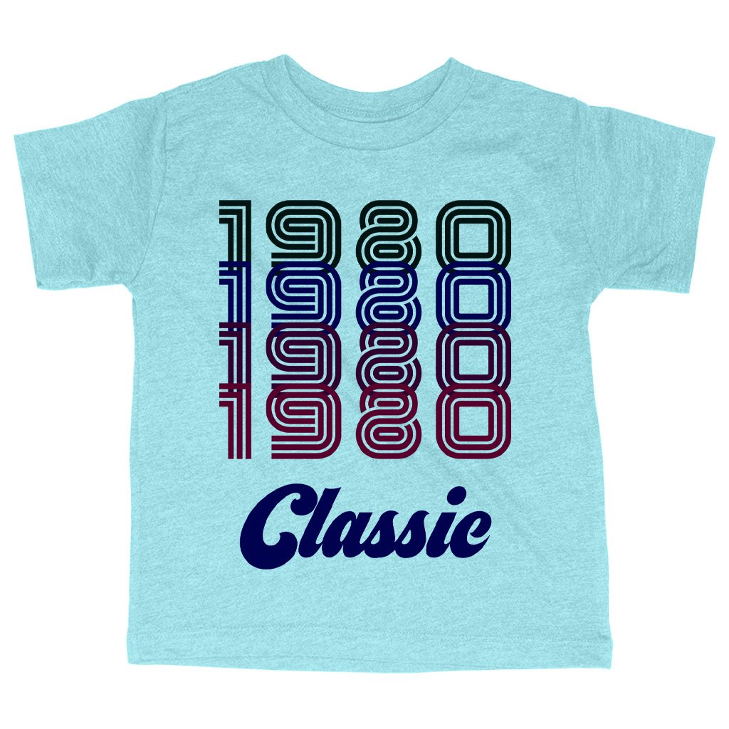 Triblend Toddler 1980 Classic T-Shirt featuring a vibrant 80s design, perfect for toddlers aged 2-5, made from eco-friendly materials.