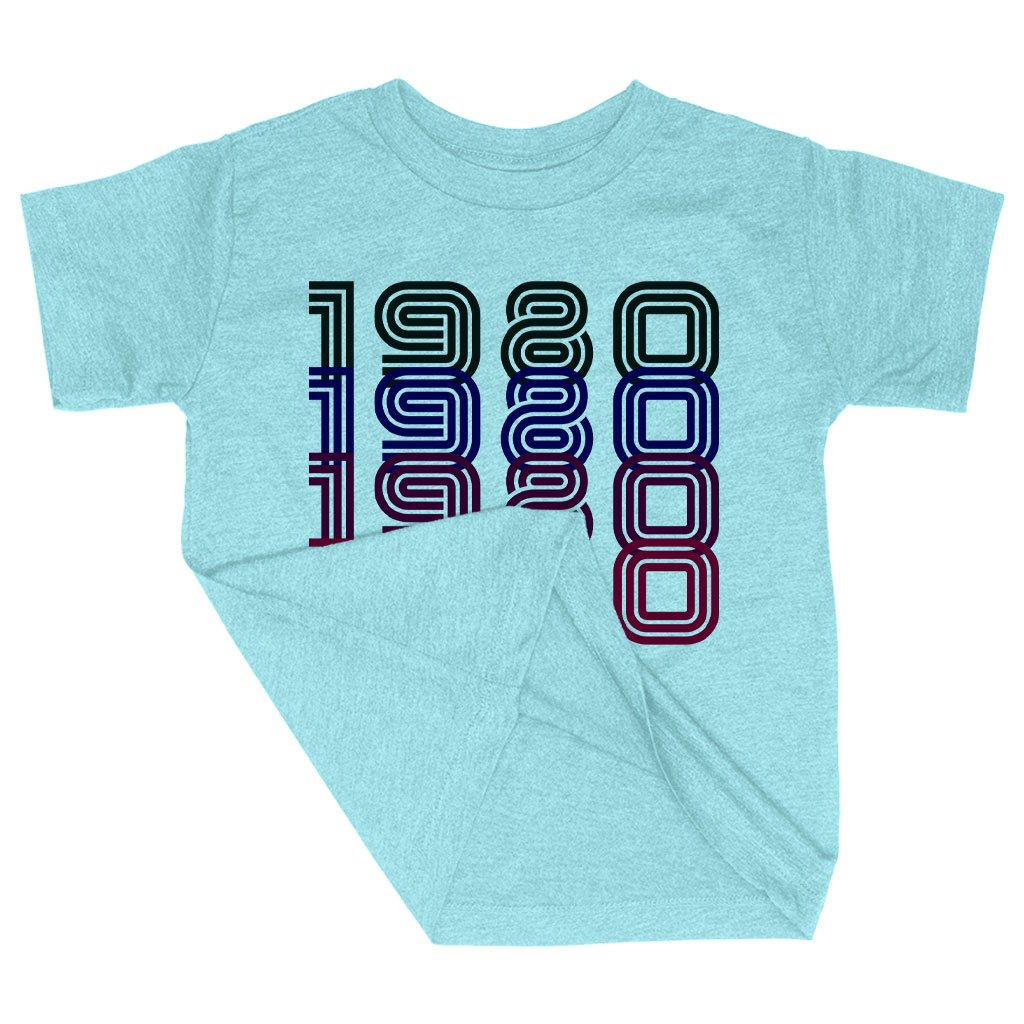 Triblend Toddler 1980 Classic T-Shirt featuring a vibrant 80s design, perfect for toddlers aged 2-5, made from eco-friendly materials.