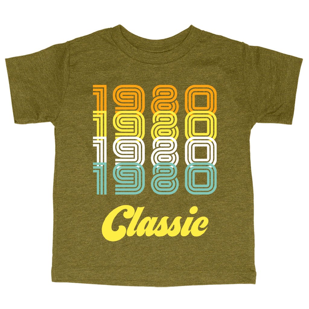 Triblend Toddler 1980 Classic T-Shirt featuring a vibrant 80s design, perfect for toddlers aged 2-5, made from eco-friendly materials.
