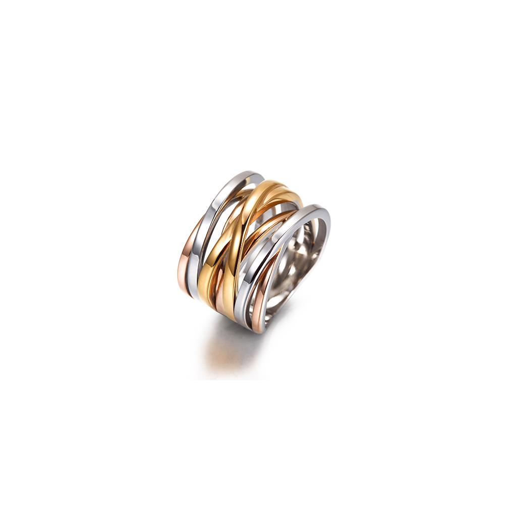 Tricolor Intertwined Statement Ring made of surgical stainless steel with 14K gold plating, showcasing a unique intertwined design.