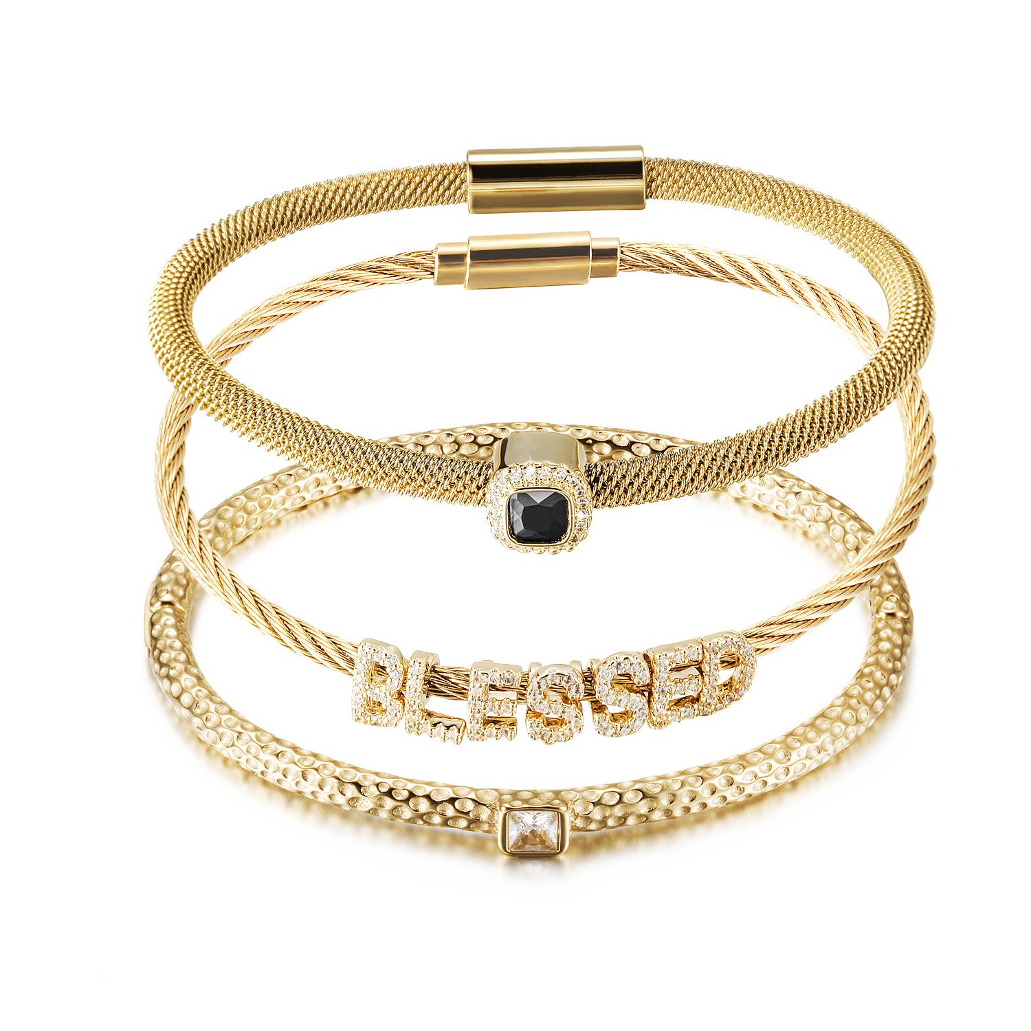 Triple Bangle Set featuring 'blessed' design in gold with cubic zirconia accents, elegantly displayed in a gift box.