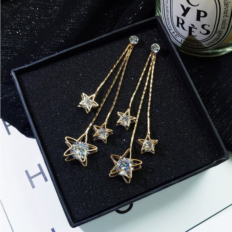 Triple Rhinestone Star Tassels Earrings featuring sparkling rhinestones and a chic star design, perfect for any occasion.