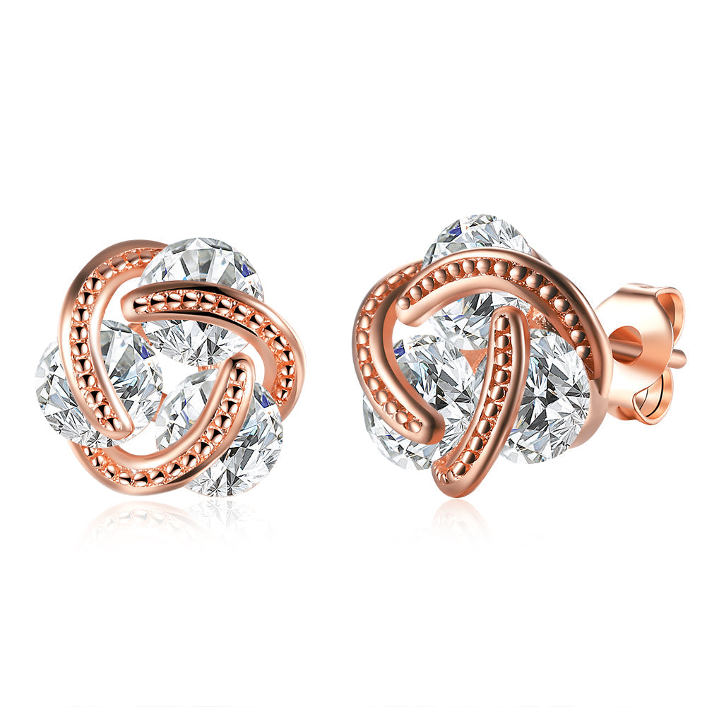 Triple Stone Knot Stud Earring in 18K Rose Gold Plated with Crystals, showcasing elegant design and sparkling details.