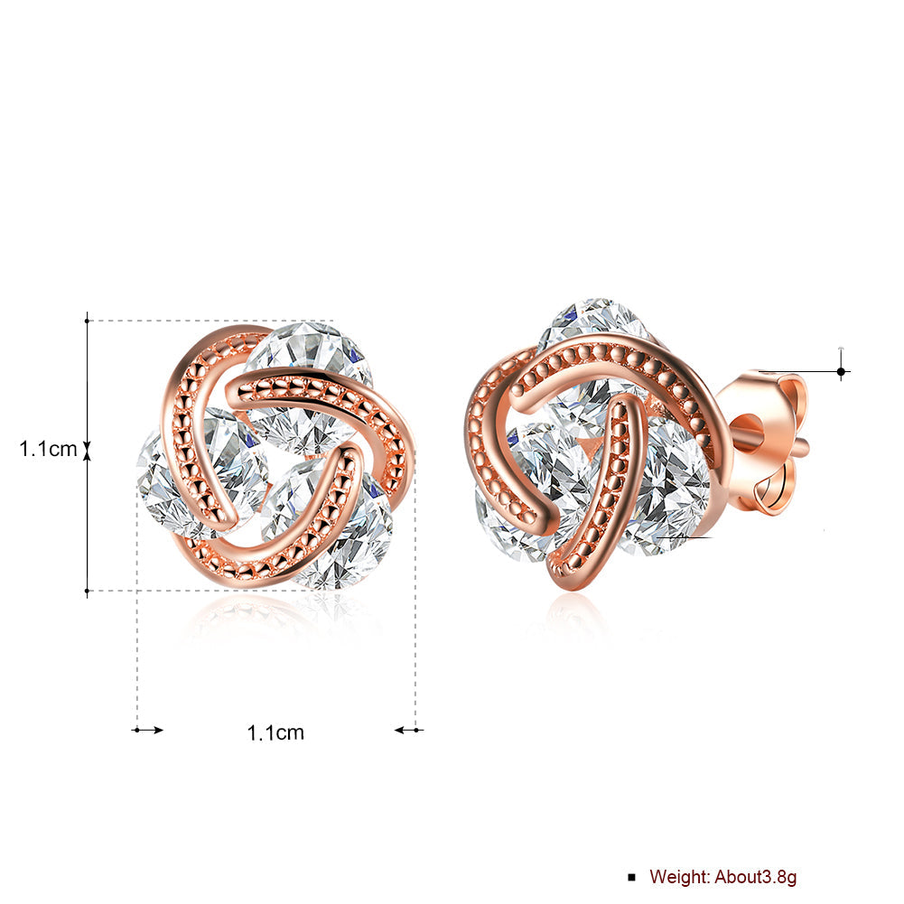 Triple Stone Knot Stud Earring in 18K Rose Gold Plated with Crystals, showcasing elegant design and sparkling details.