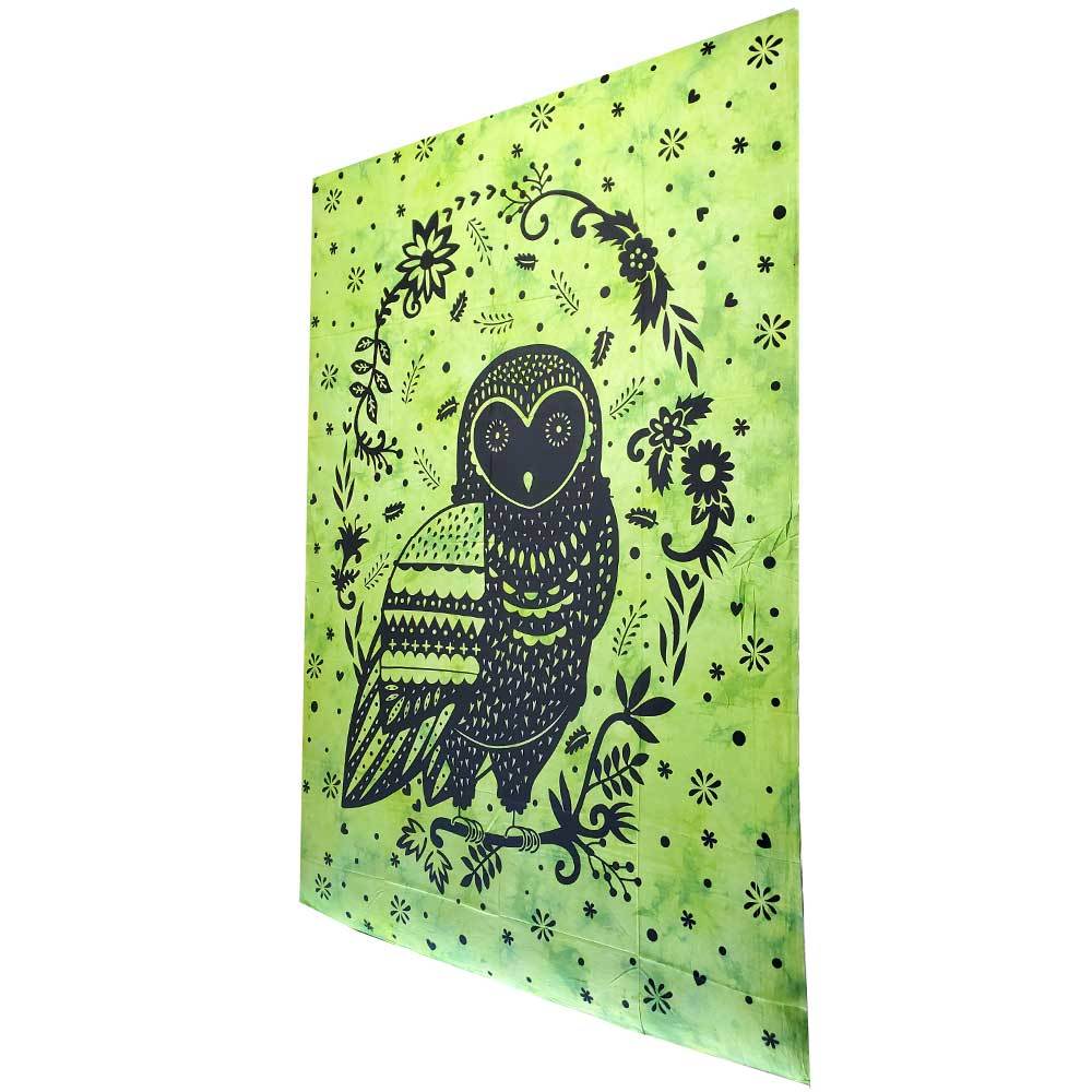 A vibrant trippy owl tapestry wall hanging made of 100% cotton, featuring intricate designs and rich colors, symbolizing wisdom and intuition.