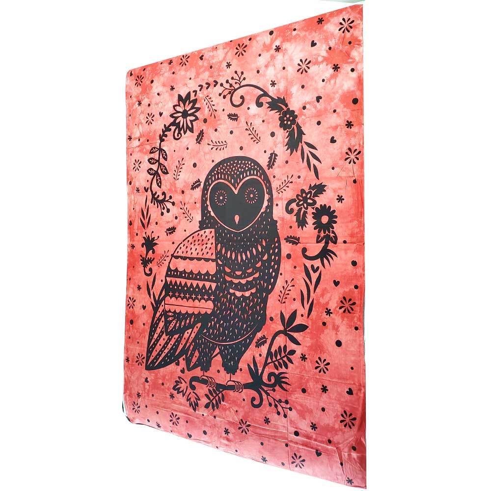 A vibrant trippy owl tapestry wall hanging made of 100% cotton, featuring intricate designs and rich colors, symbolizing wisdom and intuition.
