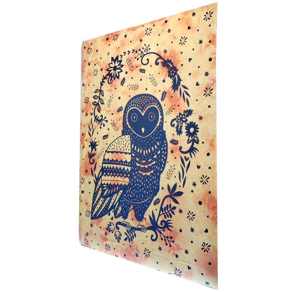 A vibrant trippy owl tapestry wall hanging made of 100% cotton, featuring intricate designs and rich colors, symbolizing wisdom and intuition.