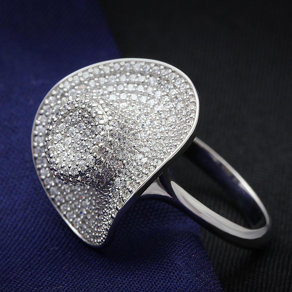 TS015 Rhodium 925 Sterling Silver Ring featuring a clear AAA Grade CZ stone, showcasing its elegant design and high-quality finish.