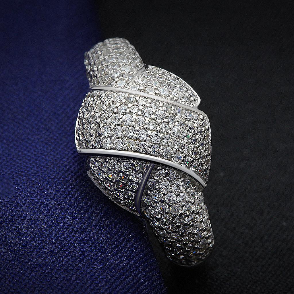 TS016 Rhodium 925 Sterling Silver Ring featuring a clear AAA Grade CZ stone, showcasing its elegant design and shiny finish.