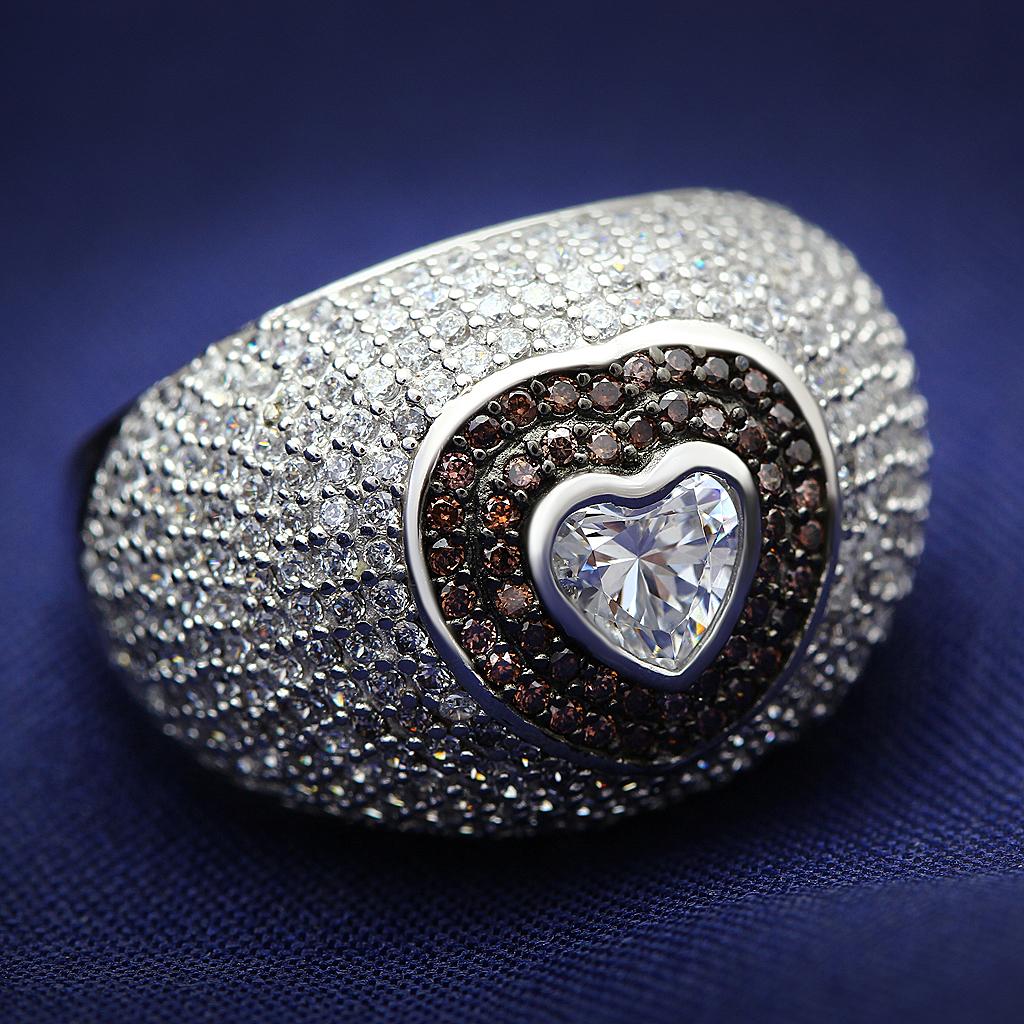 TS022 Rhodium + Ruthenium 925 Sterling Silver Ring featuring a brown AAA Grade CZ center stone, showcasing elegance and sophistication.