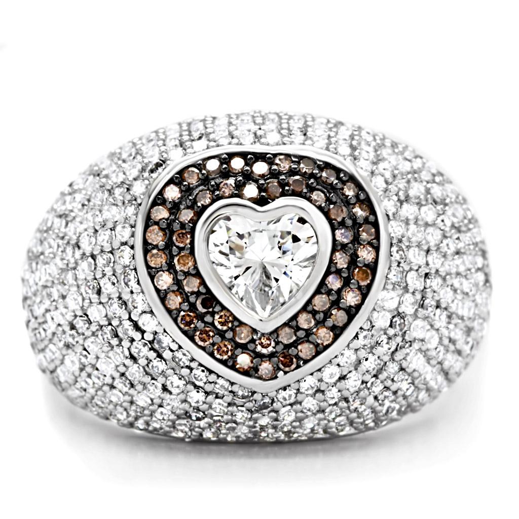 TS022 Rhodium + Ruthenium 925 Sterling Silver Ring featuring a brown AAA Grade CZ center stone, showcasing elegance and sophistication.