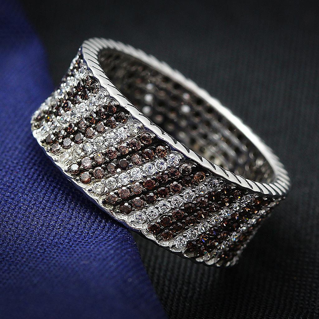 TS023 Rhodium + Ruthenium 925 Sterling Silver Ring featuring AAA Grade CZ stones in a rich brown color, showcasing its elegant design.