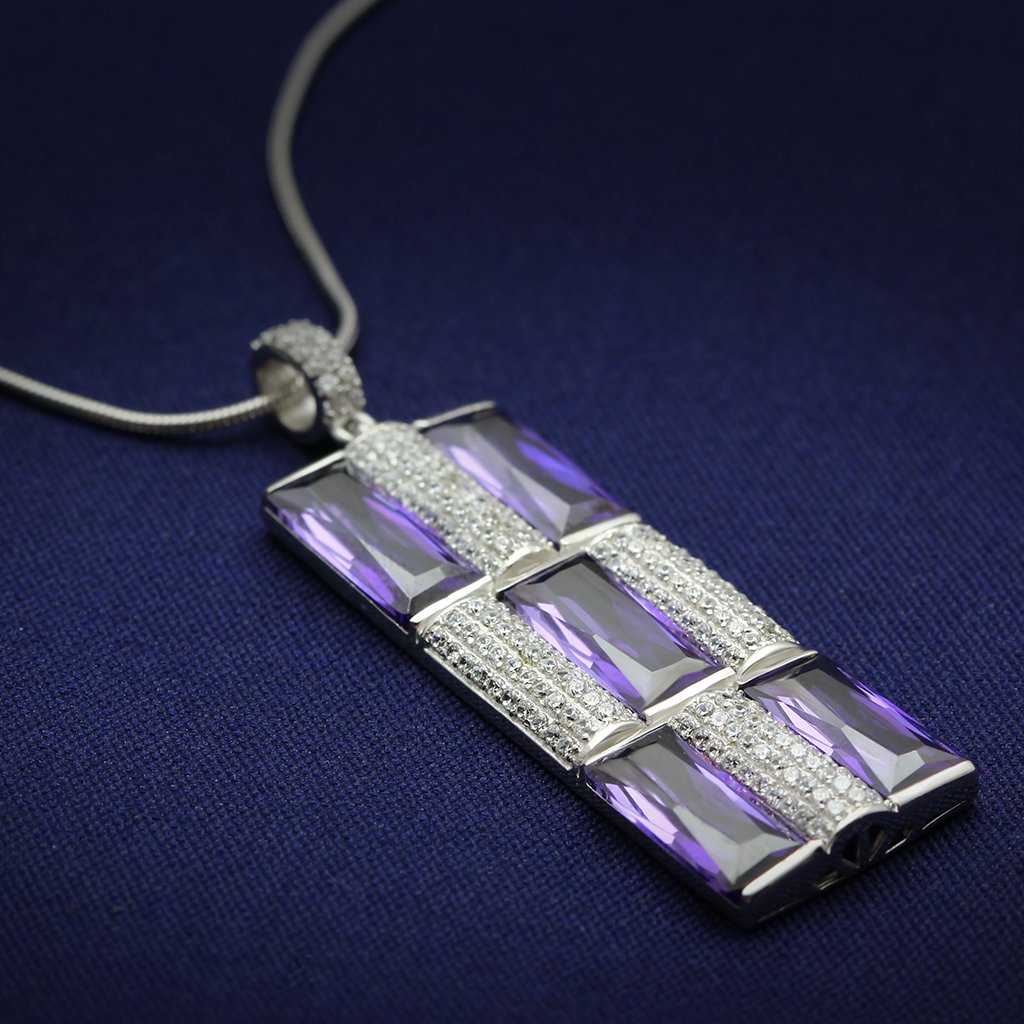TS026 Rhodium 925 Sterling Silver Chain Pendant featuring AAA Grade CZ in Amethyst color, showcasing its elegant design and high-quality materials.