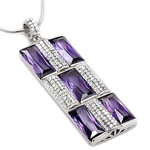 TS026 Rhodium 925 Sterling Silver Chain Pendant featuring AAA Grade CZ in Amethyst color, showcasing its elegant design and high-quality materials.