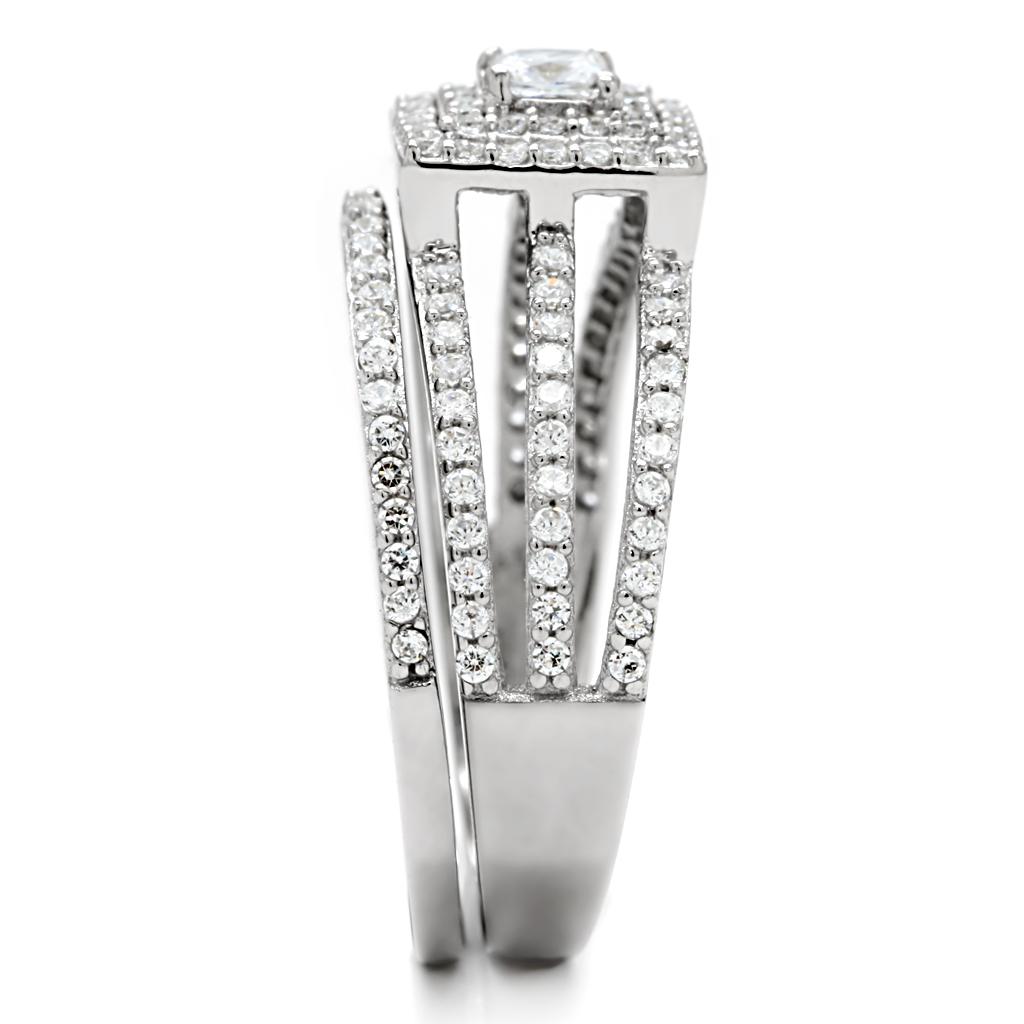 TS003 Rhodium 925 Sterling Silver Ring featuring a clear AAA Grade CZ stone, showcasing its elegant design and shiny finish.