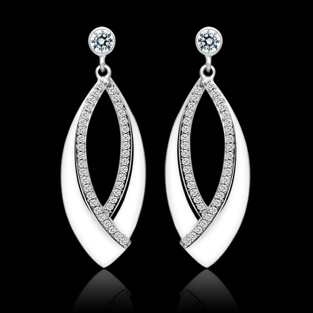 TS054 Rhodium 925 Sterling Silver Earrings featuring AAA Grade clear CZ stones, showcasing a brilliant shine and elegant design.