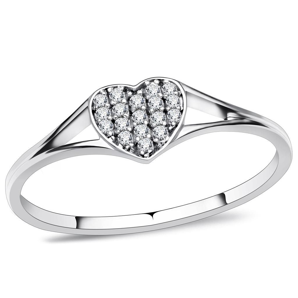 TS073 Rhodium 925 Sterling Silver Ring featuring a clear AAA Grade CZ stone, showcasing its elegant design and shiny finish.