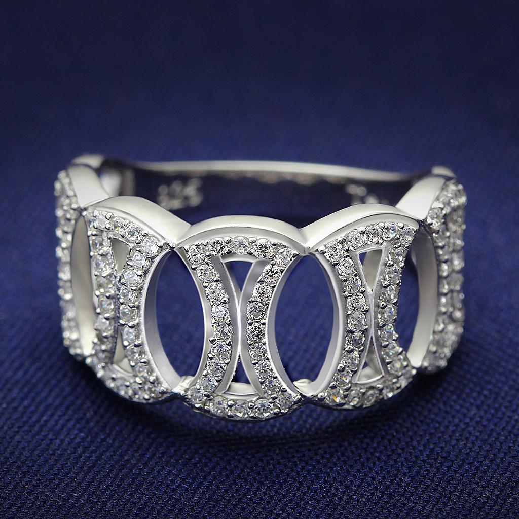TS009 Rhodium 925 Sterling Silver Ring featuring AAA Grade clear CZ stone, showcasing its elegant design and shiny finish.