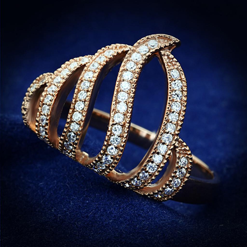 TS096 Rose Gold 925 Sterling Silver Ring featuring a clear AAA Grade CZ stone, showcasing elegance and sophistication.