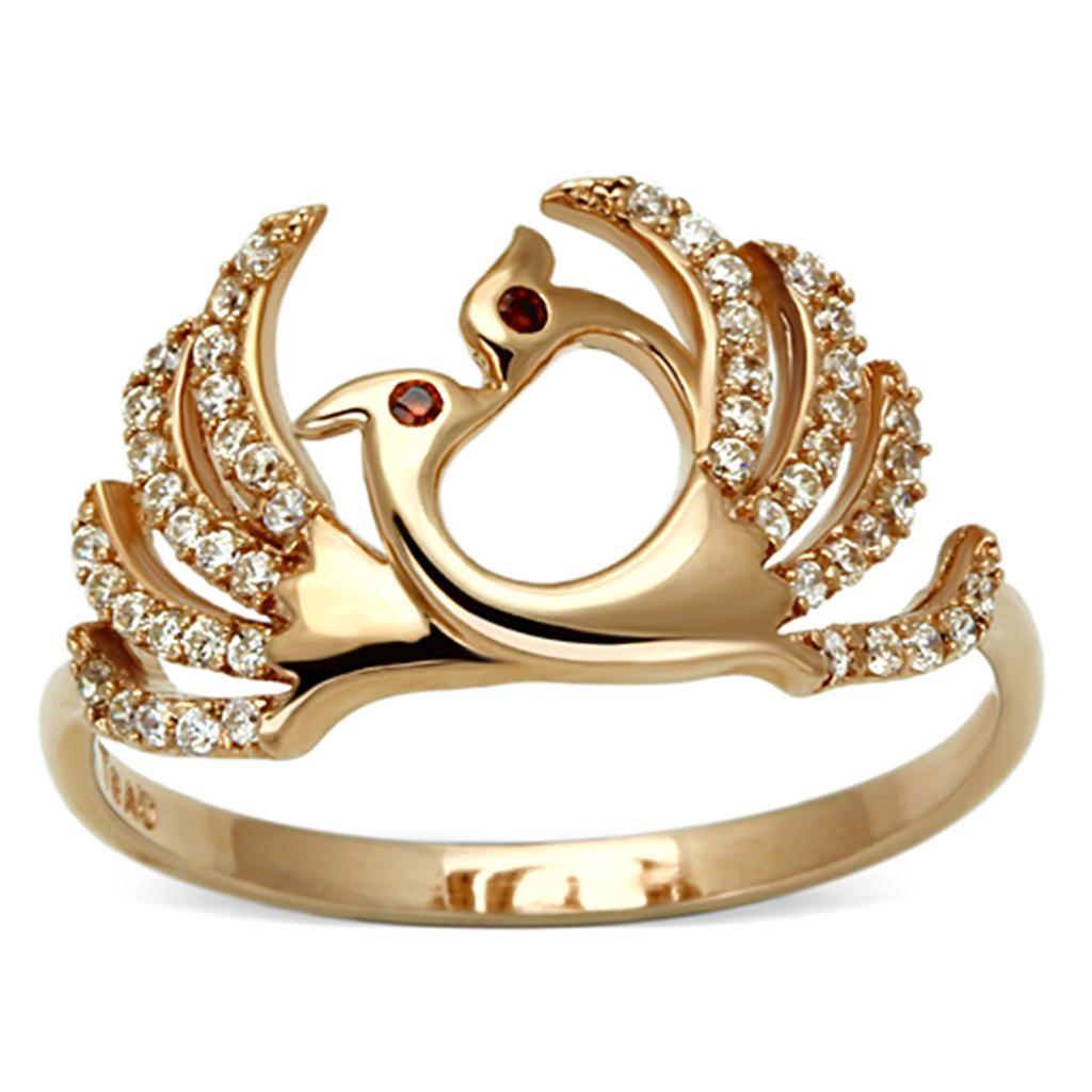 TS097 Rose Gold 925 Sterling Silver Ring featuring AAA Grade CZ center stone in garnet color, elegantly designed for any occasion.