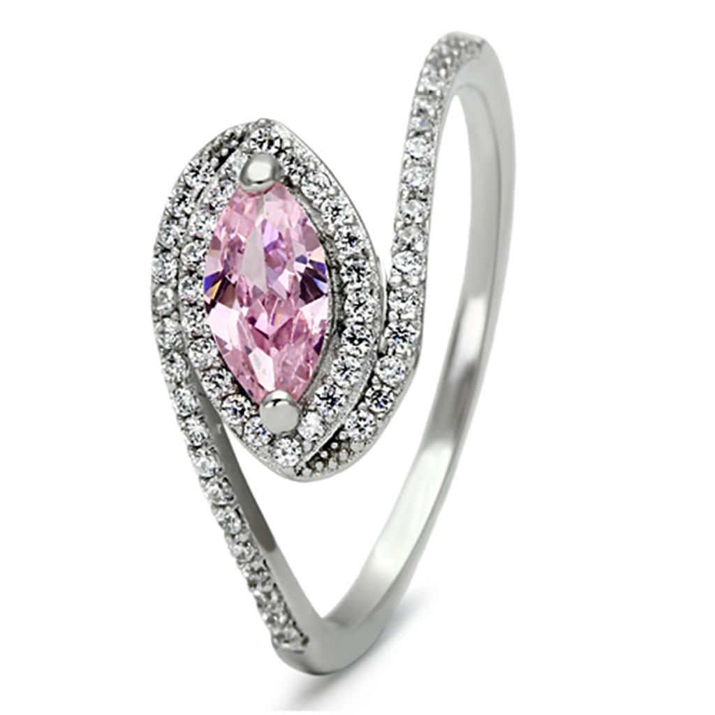 TS101 Rhodium 925 Sterling Silver Ring featuring a rose-colored AAA Grade CZ stone, showcasing elegance and craftsmanship.