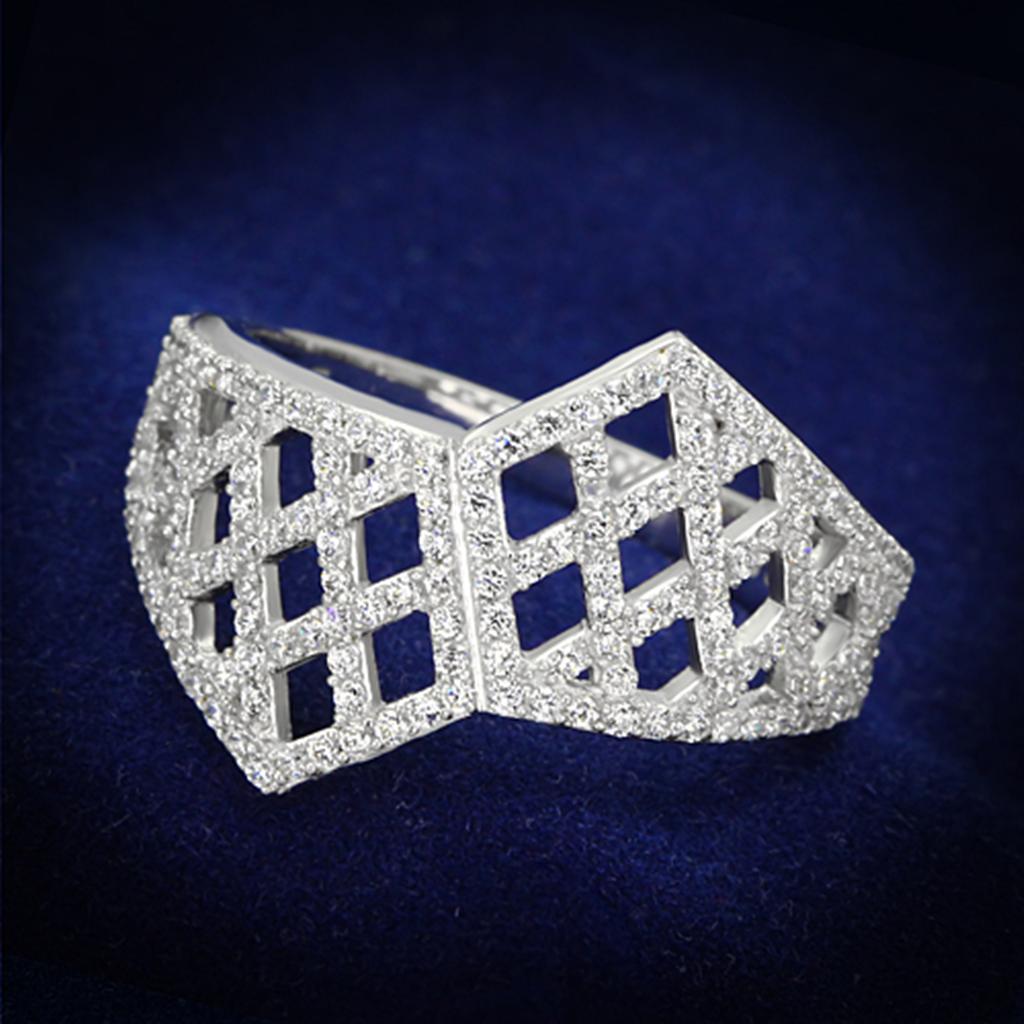 TS122 Rhodium 925 Sterling Silver Ring featuring a clear AAA Grade CZ stone, showcasing its elegant design and shiny finish.