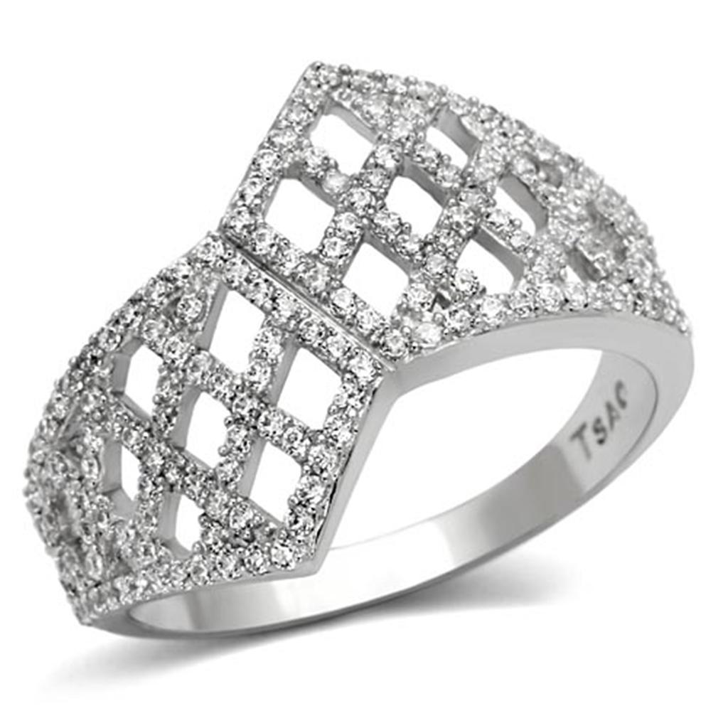 TS122 Rhodium 925 Sterling Silver Ring featuring a clear AAA Grade CZ stone, showcasing its elegant design and shiny finish.