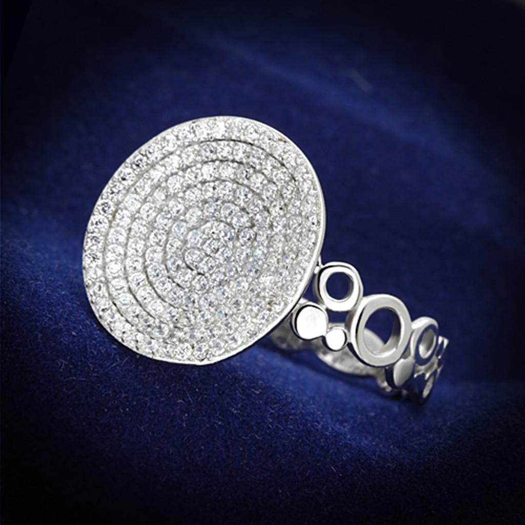 TS121 Rhodium 925 Sterling Silver Ring featuring a clear AAA Grade CZ stone, showcasing its elegant design and shiny finish.