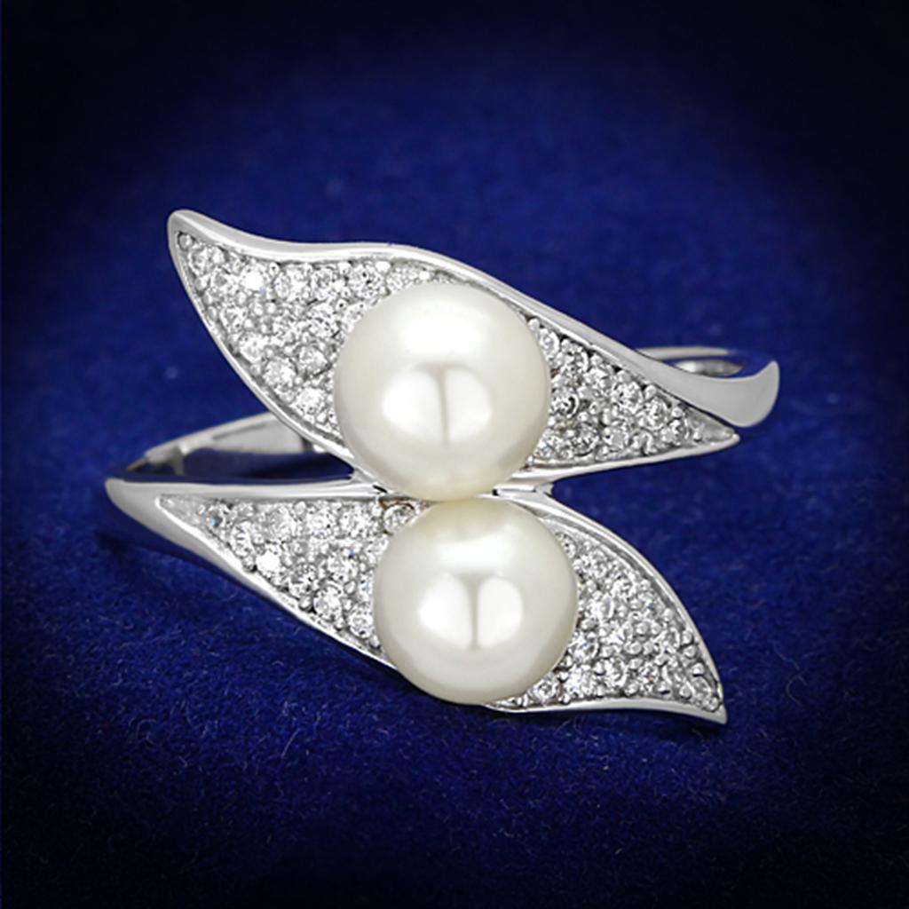 TS124 Rhodium 925 Sterling Silver Ring featuring a synthetic citrine yellow pearl, showcasing its elegant design and high-quality finish.