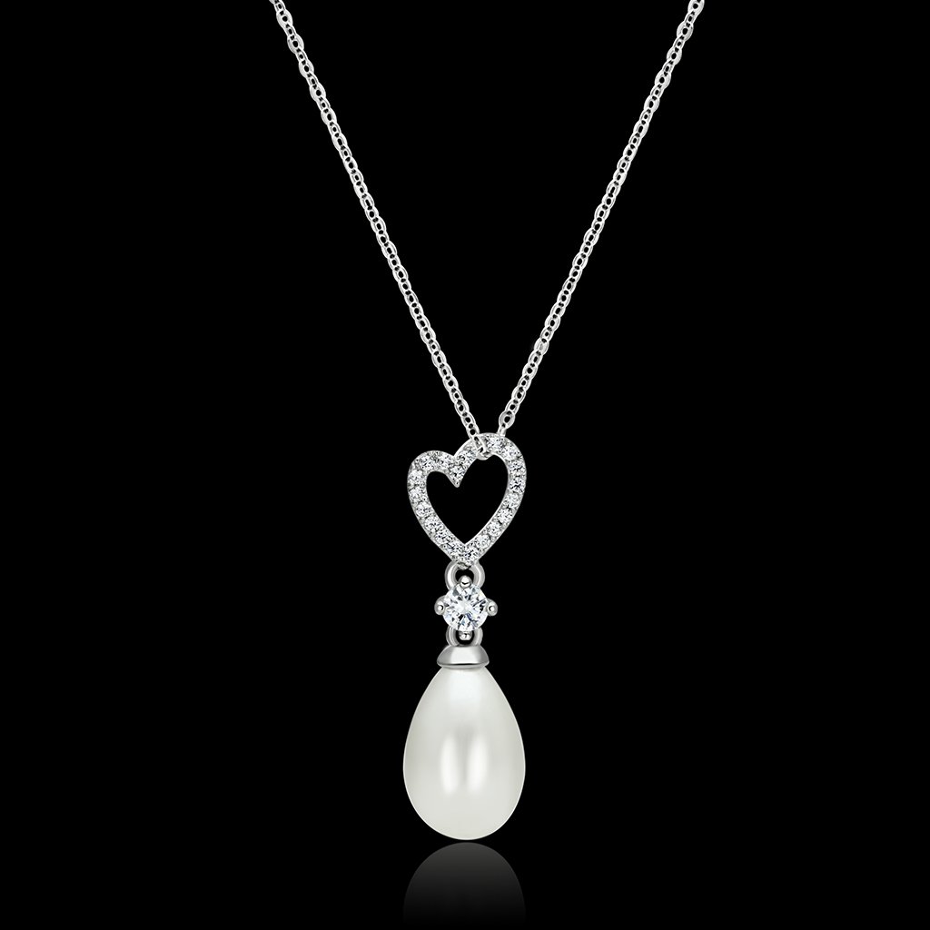 TS127 Rhodium 925 Sterling Silver Necklace featuring a white synthetic pearl centerpiece, showcasing elegance and craftsmanship.