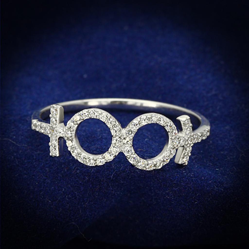 TS129 Rhodium 925 Sterling Silver Ring featuring a clear AAA Grade CZ stone, showcasing its elegant design and high-quality finish.