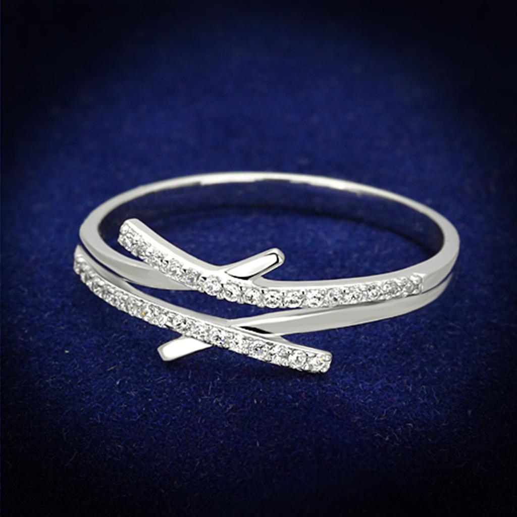 TS113 Rhodium 925 Sterling Silver Ring featuring a clear AAA Grade CZ stone, showcasing its elegant design and shiny finish.