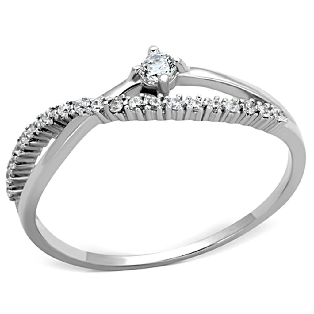 TS144 Rhodium 925 Sterling Silver Ring featuring a clear AAA Grade CZ stone, showcasing its elegant design and shiny finish.