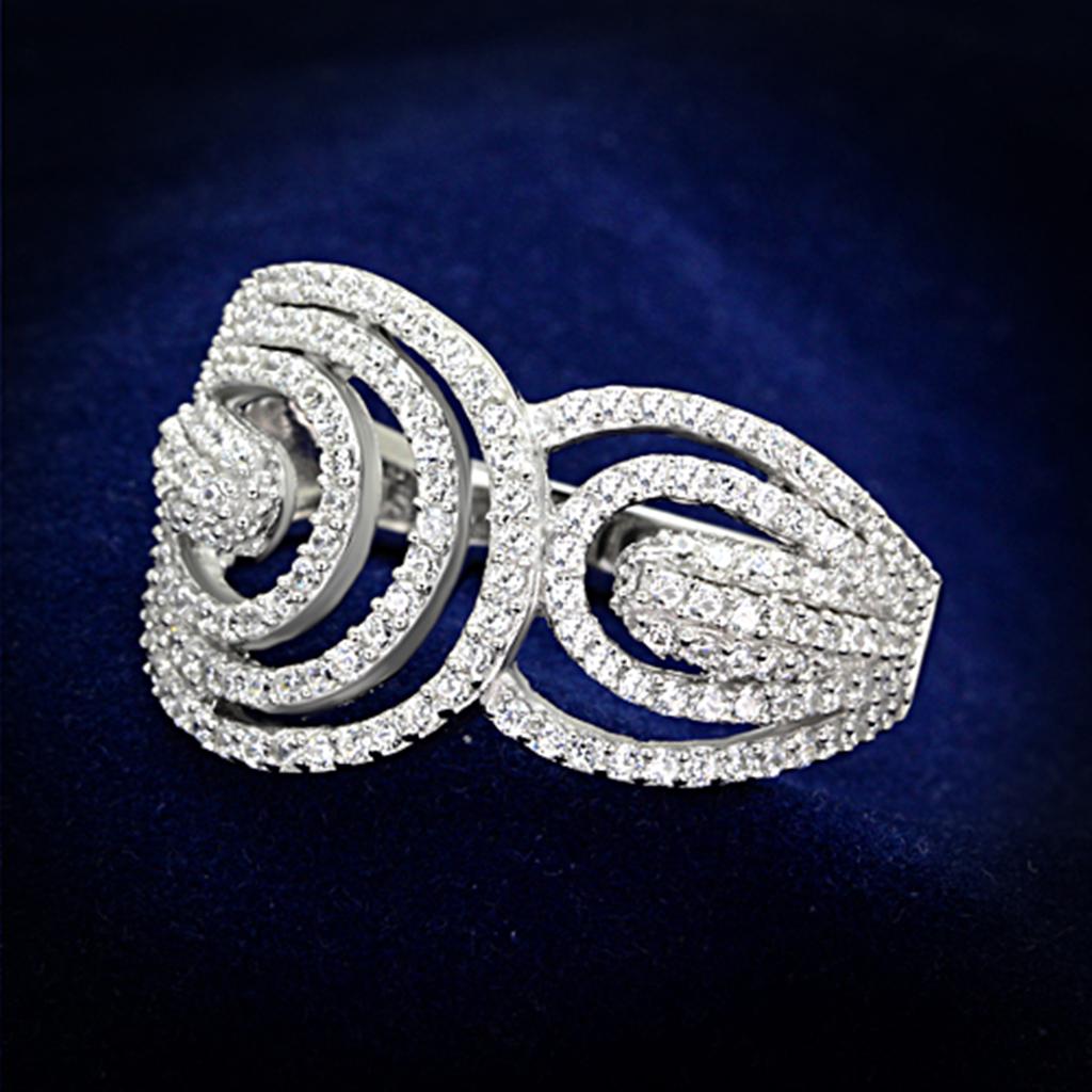 TS147 Rhodium 925 Sterling Silver Ring featuring a clear AAA Grade CZ stone, showcasing its elegant design and shiny finish.