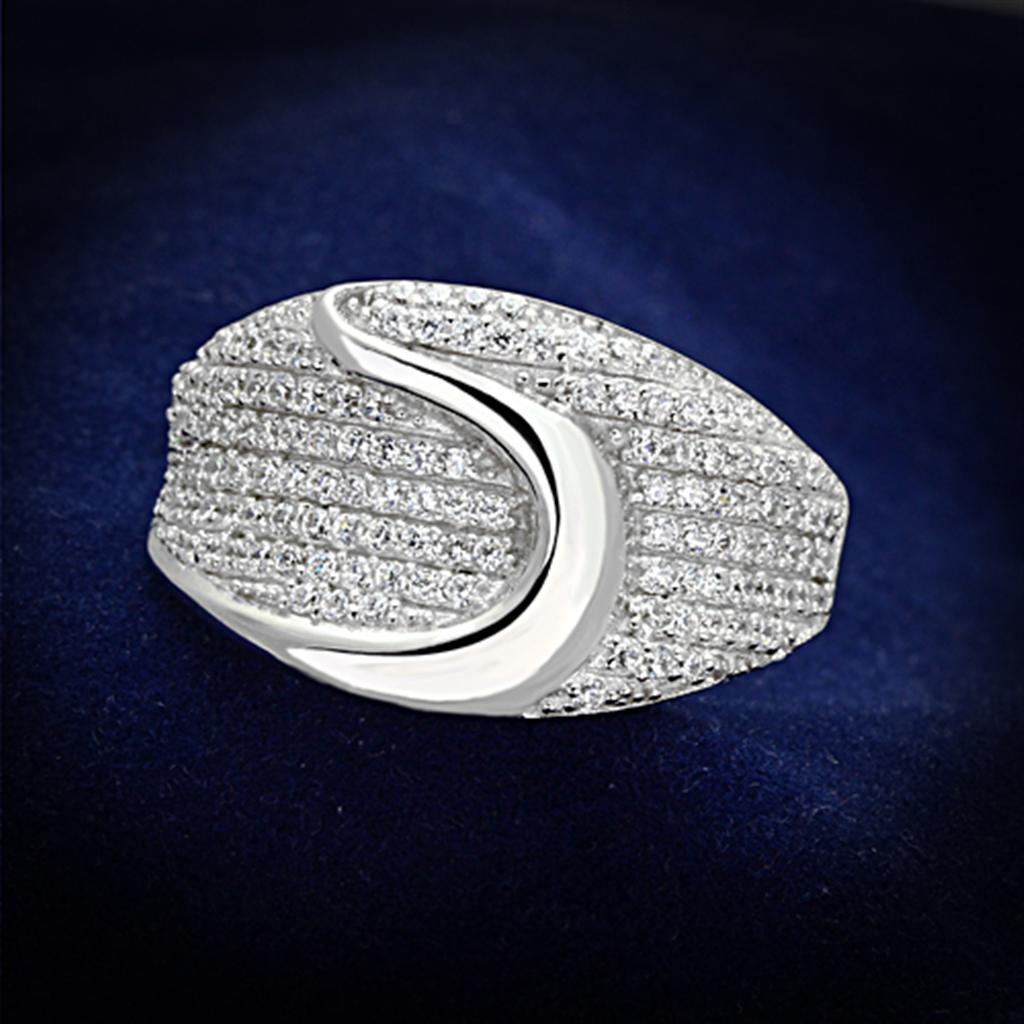 TS148 Rhodium 925 Sterling Silver Ring featuring a clear AAA Grade cubic zirconia stone, showcasing its elegant design and shiny finish.