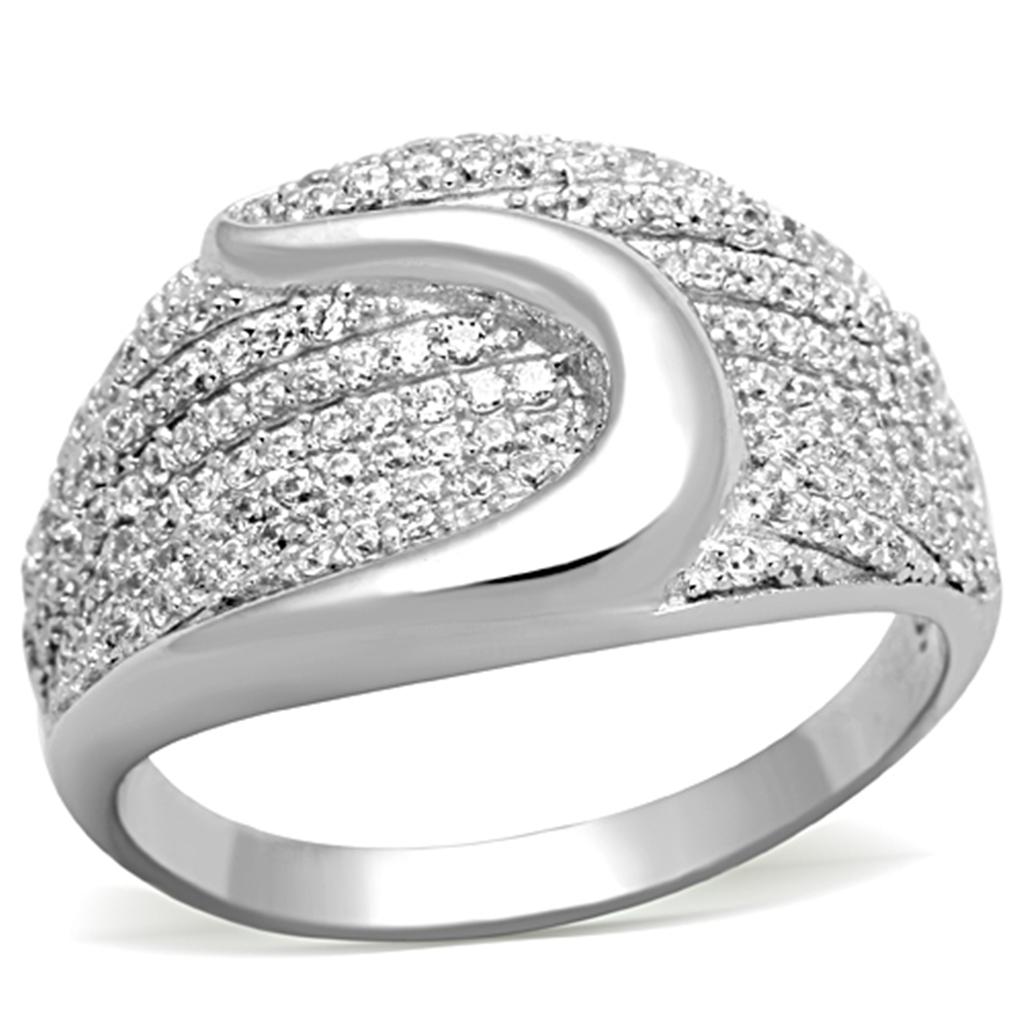 TS148 Rhodium 925 Sterling Silver Ring featuring a clear AAA Grade cubic zirconia stone, showcasing its elegant design and shiny finish.