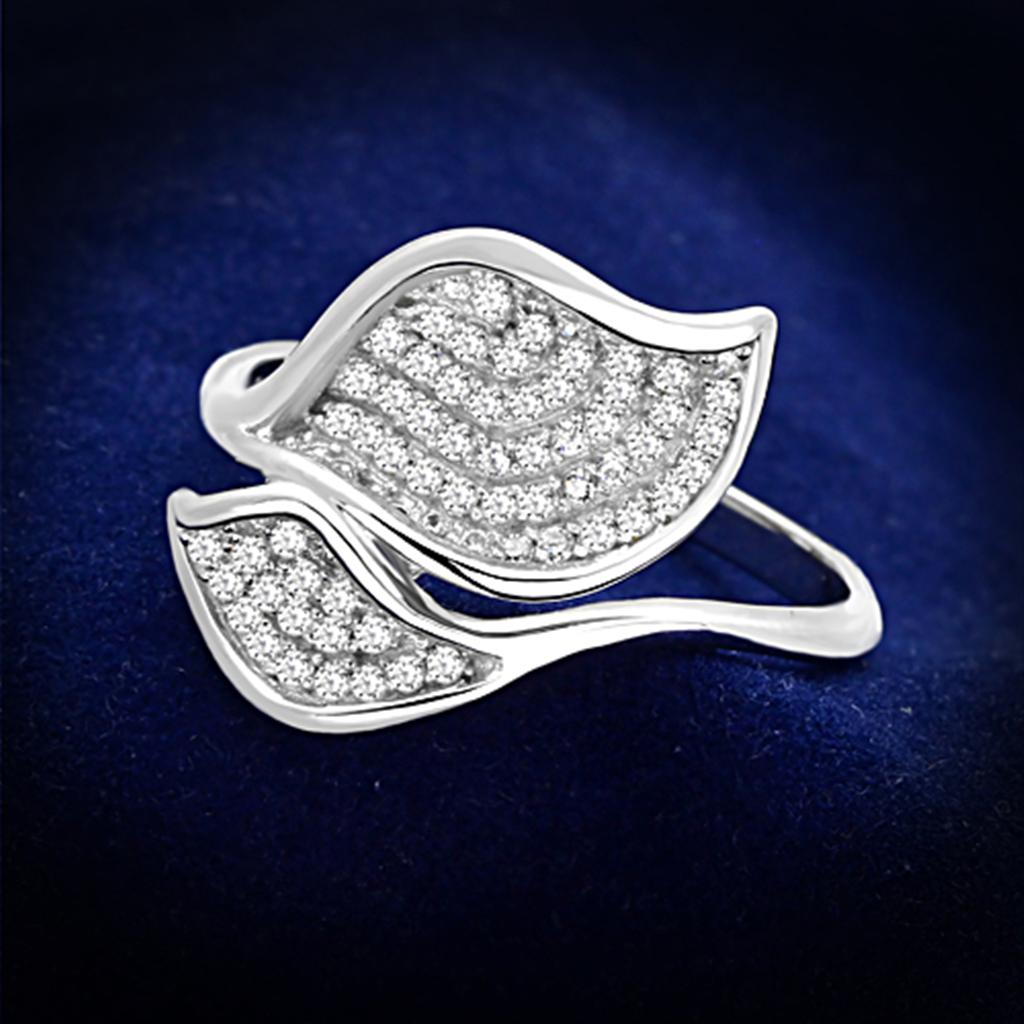 TS149 Rhodium 925 Sterling Silver Ring featuring a clear AAA Grade CZ stone, showcasing its elegant design and shiny finish.