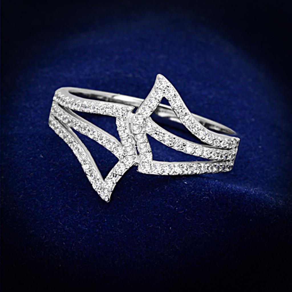 TS152 Rhodium 925 Sterling Silver Ring featuring a clear AAA Grade CZ stone, showcasing its elegant design and high-quality materials.